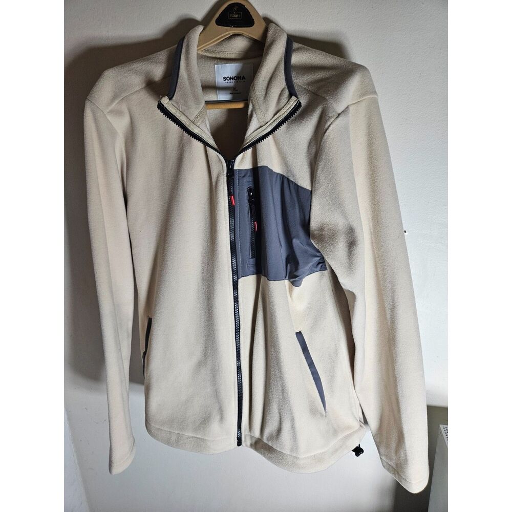 Sonoma Goods For Life Mens XL Fleece Jacket Full Zip Cream Gray Chest Pocket